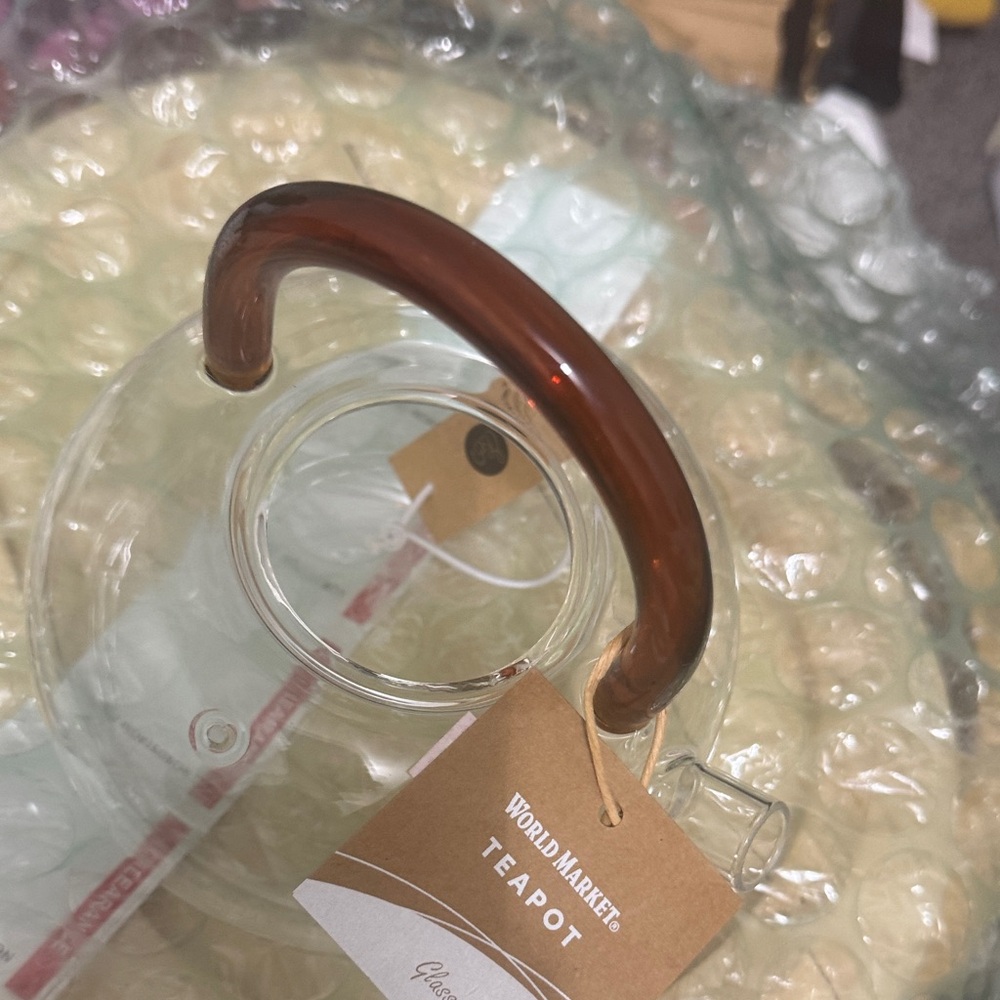 Cost Plus World Market Glass Teapot with Tan Handle